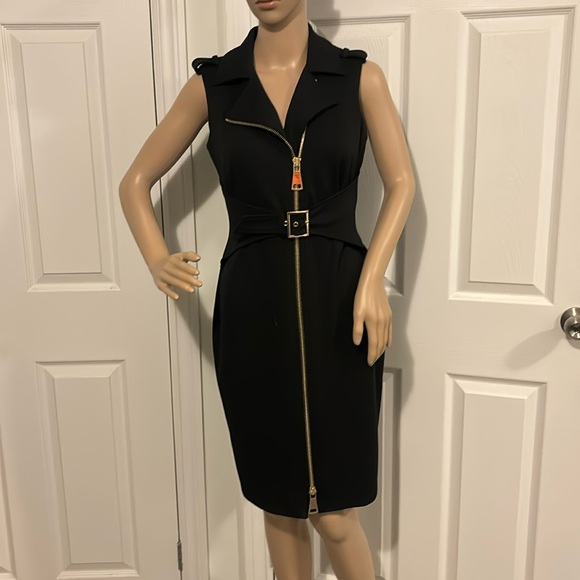 CALVIN KLEIN BLACK WITH GOLD ZIPPER MIDI DRESS SIZE 4 - Picture 1 of 9